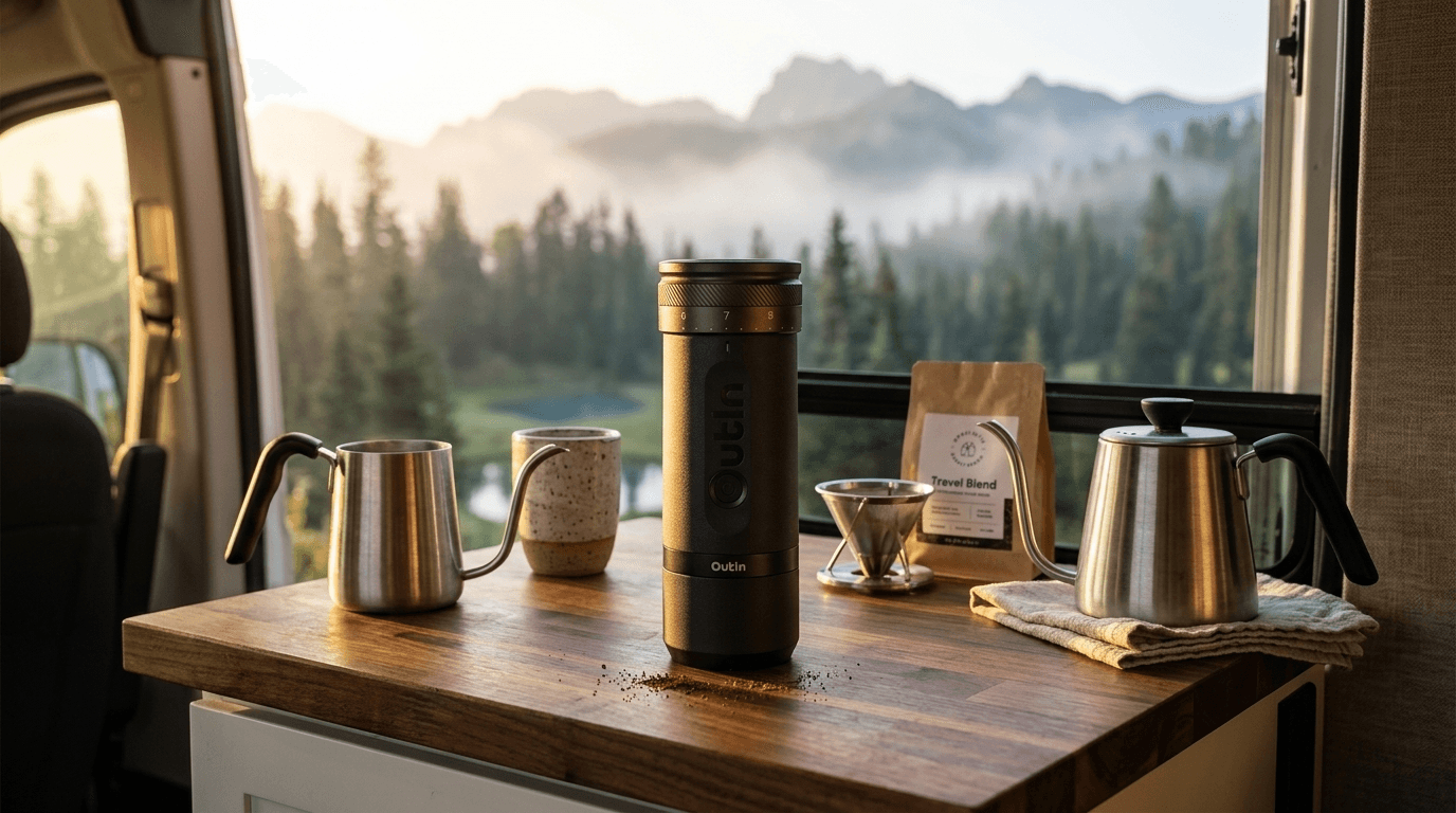 De OutIn Fino: De Ultieme Draagbare Elektrische Koffiemolen voor Camper-Avonturiers