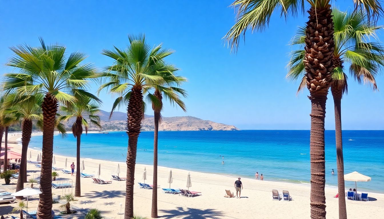 Zonnig strand met palmbomen en blauwe zee in Nerja of omgeving